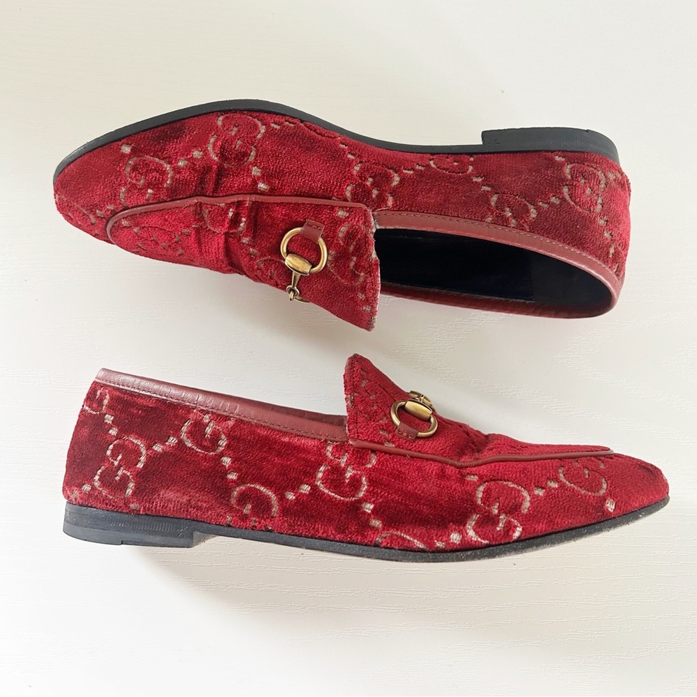 Gucci Jordaan Horsebit Loafers Red GG Velvet EU 36.5 US 6.5 - Picture 5 of 16